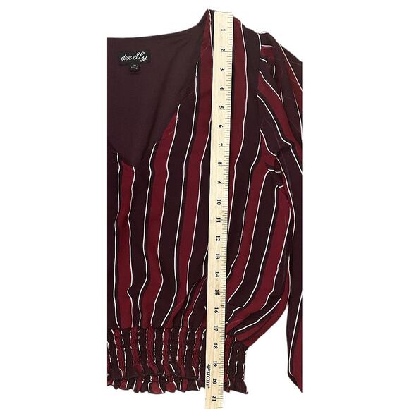 Dee Elly V-Neck Smocked Cuff Tapered Long Sheer Sleeve Red & Black Top Medium - Picture 2 of 6